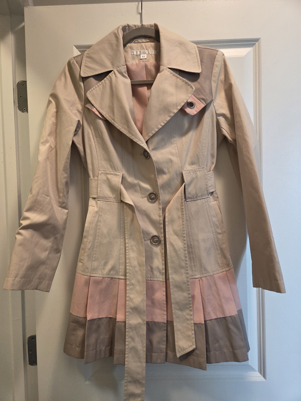Via Spiga Colorblock Pleated Trench Coat Beige Blush Pink Belted XS